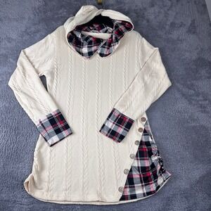 Unbranded Tunic Hoodie Women XL Cream Cable Knit Plaid Accents Button Detail